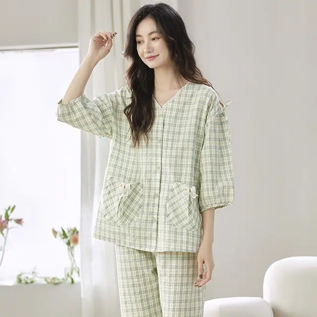 细舍 纯棉无感亲肤家居服七分袖长裤睡衣套装 女款
