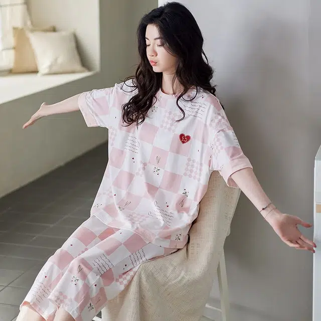 细舍 短袖七分裤甜美时尚舒适家居服睡衣套装 女款