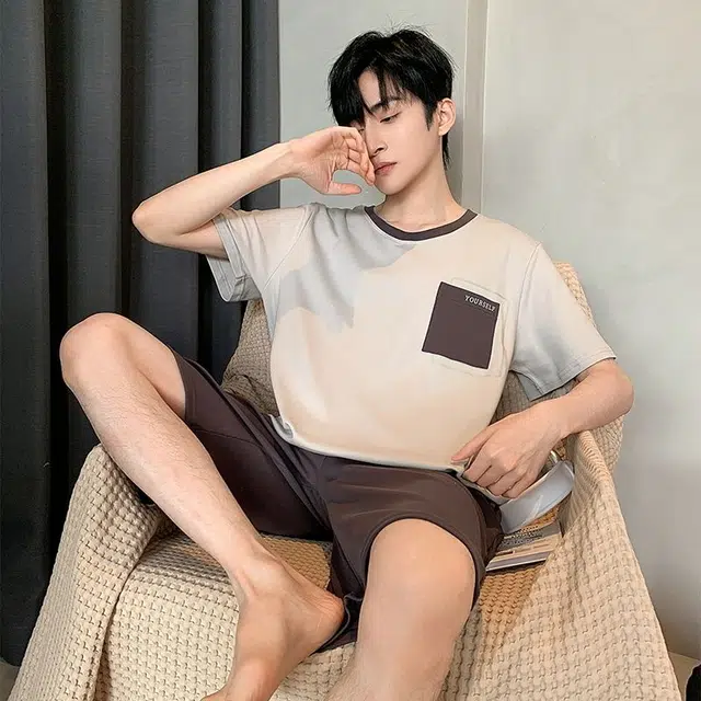 细舍 休闲大码薄款家居服夏天睡衣套装 男款