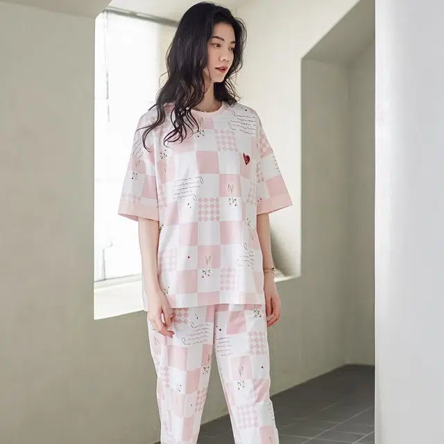 细舍 短袖七分裤甜美时尚舒适家居服睡衣套装 女款
