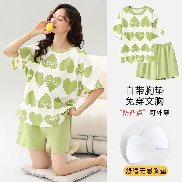 细舍 圆领舒适自带胸垫短袖上衣家居服三分裤夏季睡衣套装 女款 浅绿色