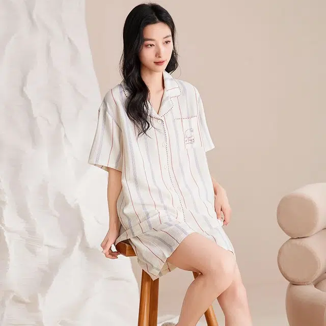 细舍 甜美短袖休闲家居服三分裤夏季睡衣套装 女款