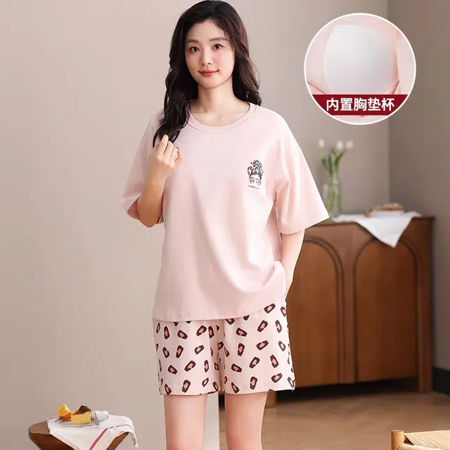 细舍 薄款纯棉短袖短裤免穿带胸垫卡通休闲睡衣套装 女款