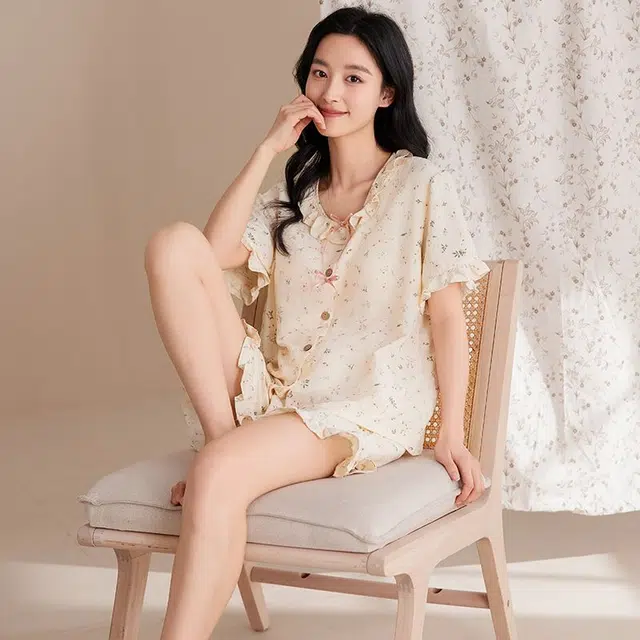 细舍 开衫短袖甜美简约休闲家居服三分裤夏季睡衣套装 女款