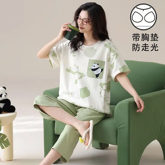细舍 自带胸垫一体可外穿清新卡通短袖七分裤家居服睡衣套装 女款 浅绿色