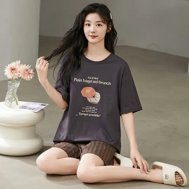 细舍 短袖短裤时尚简约家居服薄款可外穿睡衣套装 女款
