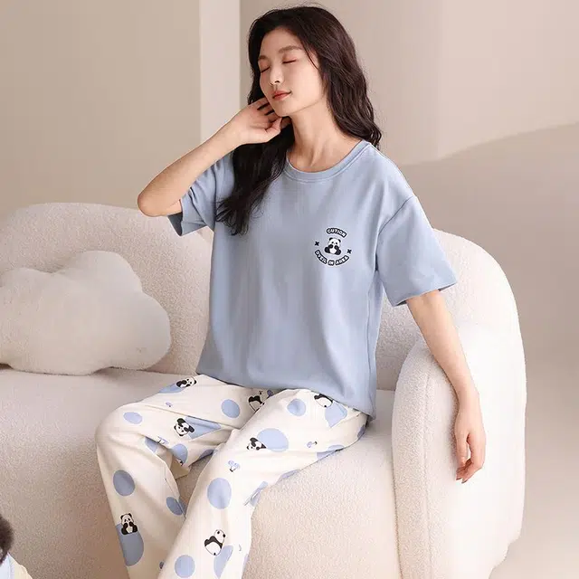细舍 短袖长裤薄款可外穿休闲可爱卡通家居服睡衣套装 女款