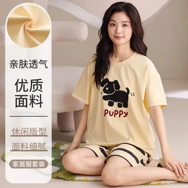 细舍 薄款卡通可爱棉质短袖短裤可外穿家居服夏季睡衣套装 女款
