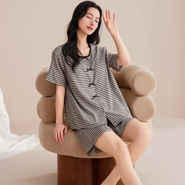 细舍 短袖甜美休闲两件套家居服三分裤夏季睡衣套装 女款
