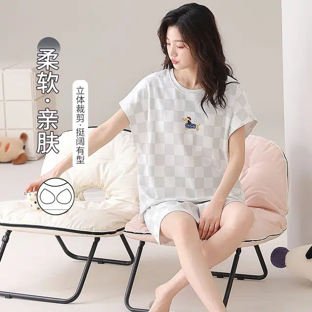 细舍 带胸垫卡通可爱无袖上衣家居服三分裤夏季睡衣套装 女款