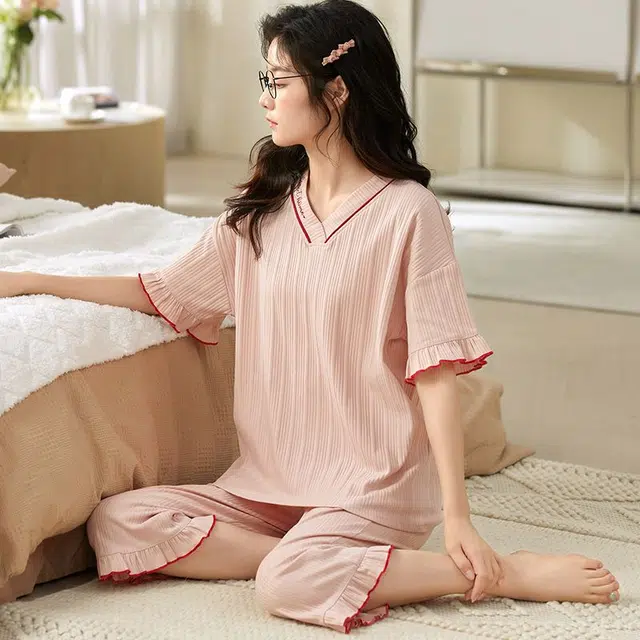细舍 短袖七分裤薄款可爱外穿家居服两件套睡衣套装 女款