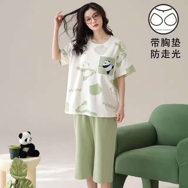 细舍 自带胸垫一体可外穿清新卡通短袖七分裤家居服睡衣套装 女款 浅绿色