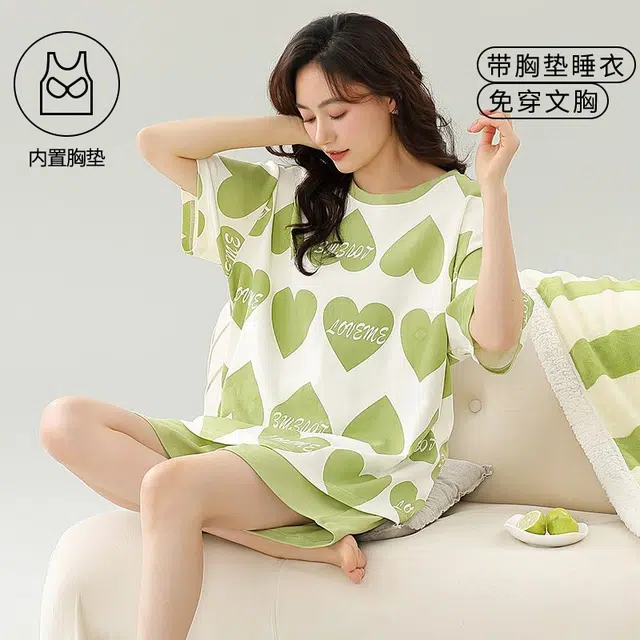 细舍 圆领舒适自带胸垫短袖上衣家居服三分裤夏季睡衣套装 女款 浅绿色