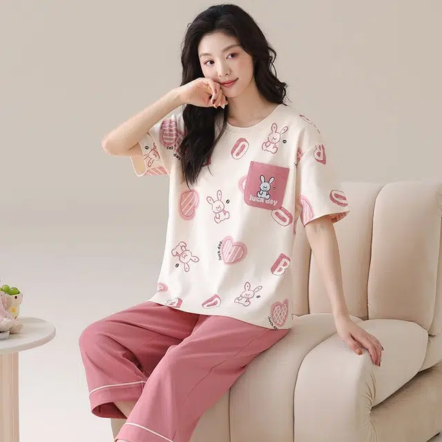 细舍 休闲短袖七分裤带胸垫卡通可爱家居服睡衣套装 女款 米白拼粉色