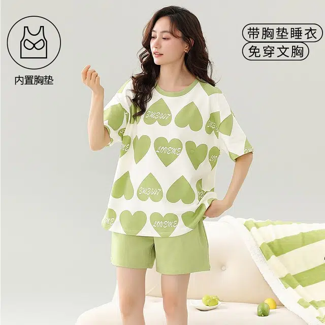 细舍 圆领舒适自带胸垫短袖上衣家居服三分裤夏季睡衣套装 女款 浅绿色
