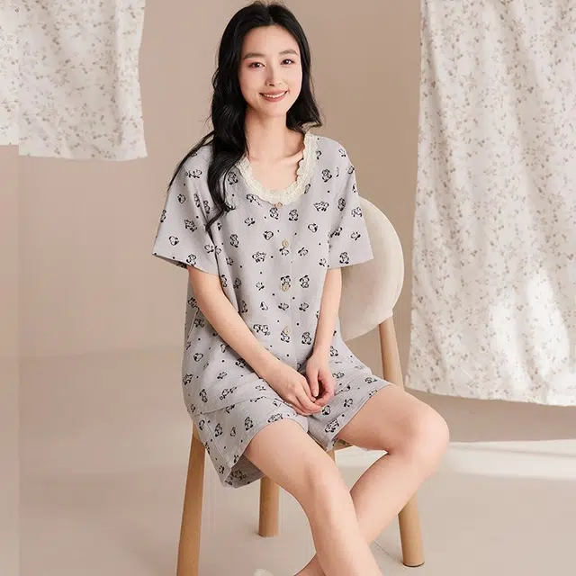 细舍 开衫短袖两件套甜美休闲家居服三分裤夏季睡衣套装 女款