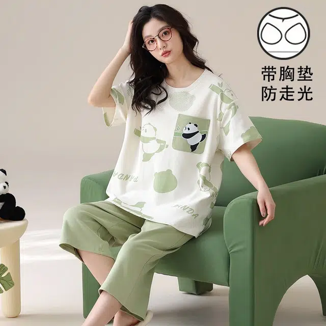 细舍 自带胸垫一体可外穿清新卡通短袖七分裤家居服睡衣套装 女款 浅绿色