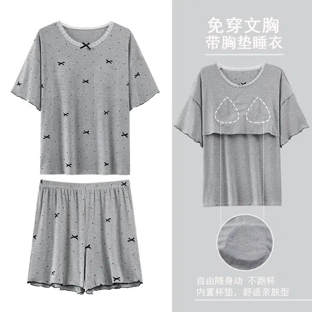 细舍 带胸垫短袖上衣家居服舒适三分裤夏季睡衣套装 女款