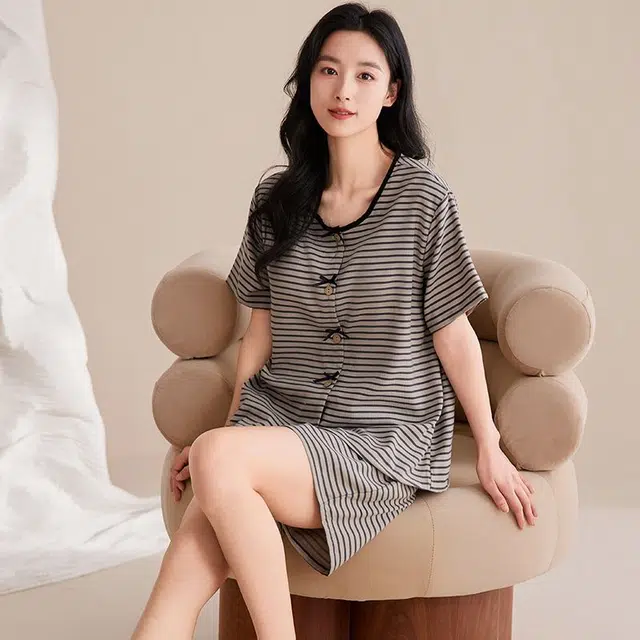 细舍 短袖甜美休闲两件套家居服三分裤夏季睡衣套装 女款