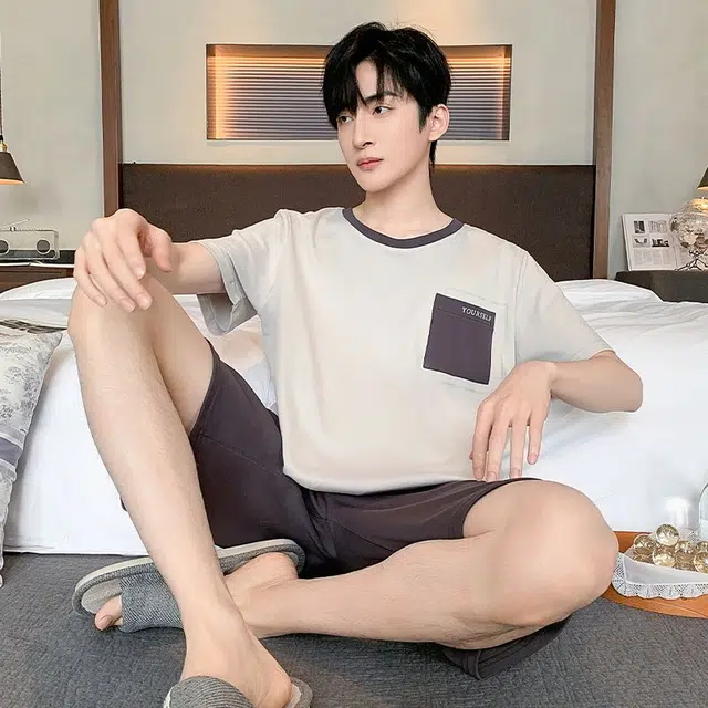 细舍 休闲大码薄款家居服夏天睡衣套装 男款