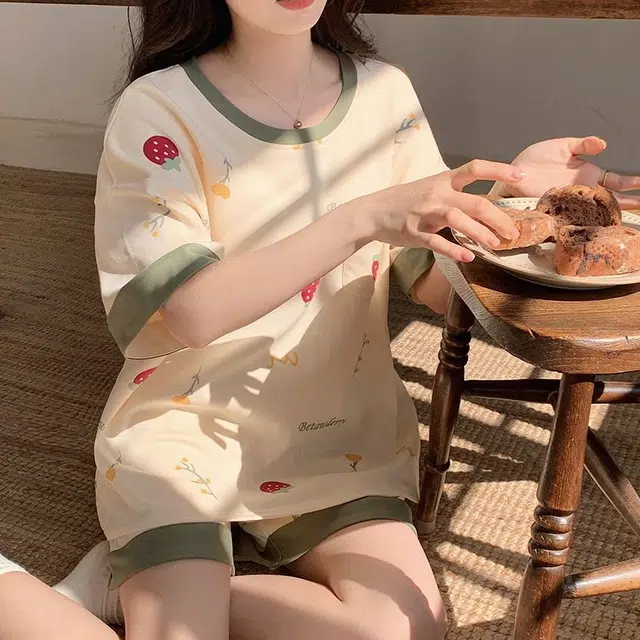 细舍 带胸垫一体可外穿短袖短裤家居服睡衣套装 女款