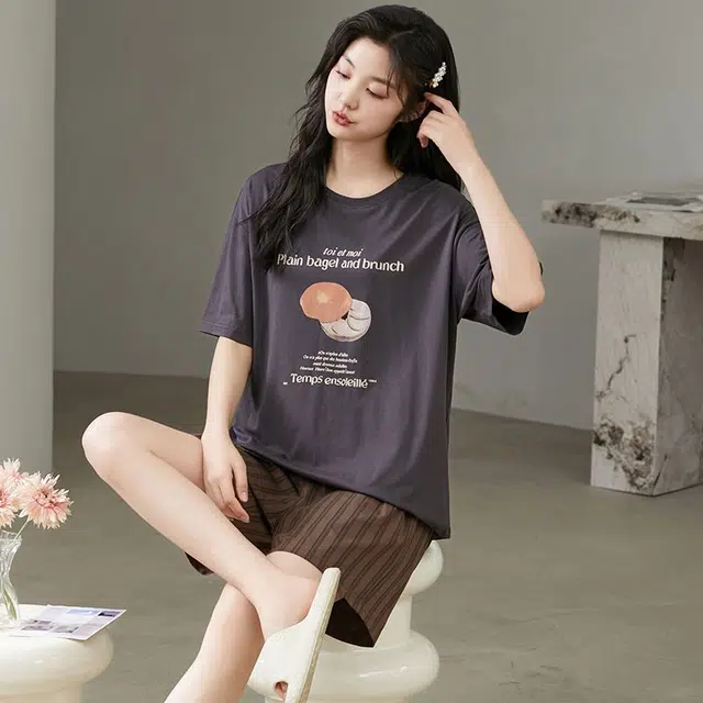 细舍 短袖短裤时尚简约家居服薄款可外穿睡衣套装 女款