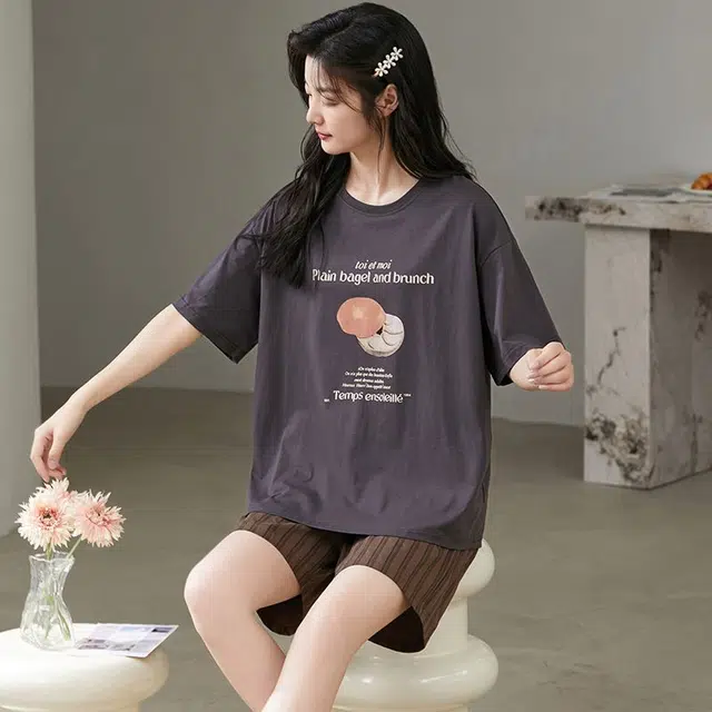 细舍 短袖短裤时尚简约家居服薄款可外穿睡衣套装 女款