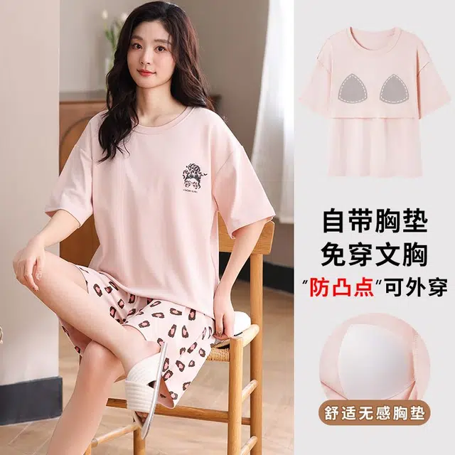 细舍 薄款纯棉短袖短裤免穿带胸垫卡通休闲睡衣套装 女款