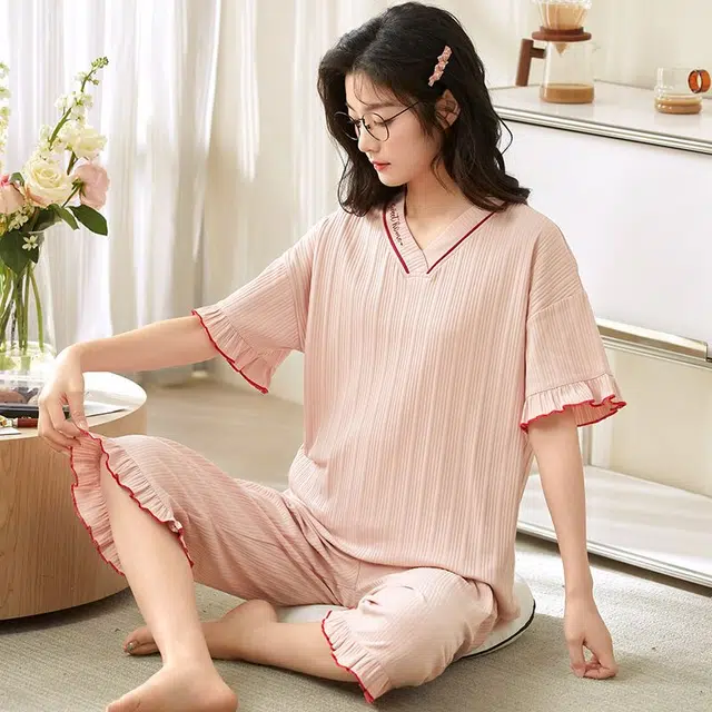 细舍 短袖七分裤薄款可爱外穿家居服两件套睡衣套装 女款