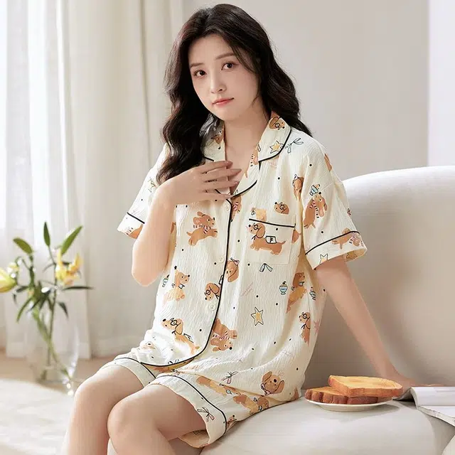 细舍 薄款甜美短袖可爱开衫带胸垫睡衣套装 女款 浅卡其