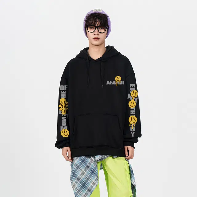 阿凡迪 美式高街趣味搞怪笑脸图案字母印花简约连帽时尚运动休闲日常无性别主义个性潮牌经典百搭学生党松弛感落肩舒适长袖卫衣 男女同款