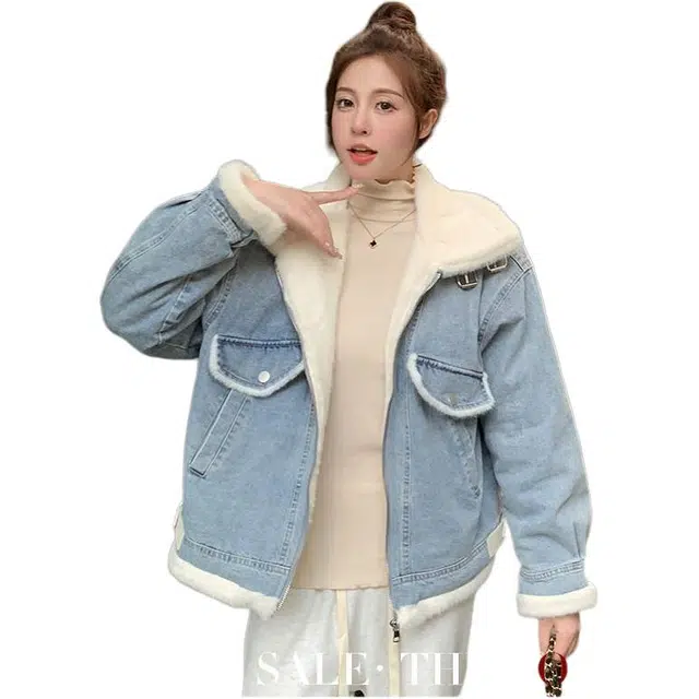 邓大喵 韩版加绒加厚女冬季高级感羊羔毛皮带扣立领夹克棉衣棉服牛仔外套 女款