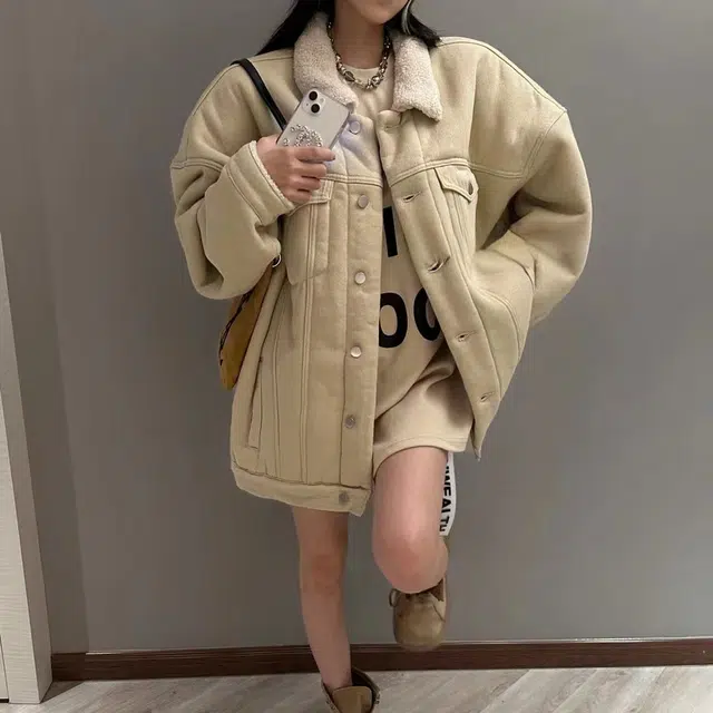邓大喵 韩系加厚女时尚设计气质宽松百搭加绒翻领羊羔毛上衣牛仔外套 女款