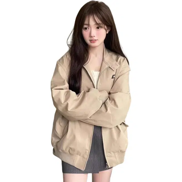 邓大喵 美式复古外套百搭春秋宽松工装学生小个子休闲上衣潮夹克 女款