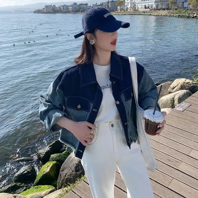 邓大喵 撞色女春秋季设计感小众时尚百搭衣休闲减龄夹克开衫牛仔外套 女款