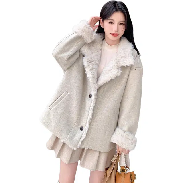 邓大喵 羊羔毛毛呢外套冬季女厚款女秋冬款夹棉洋气呢子大衣 女款