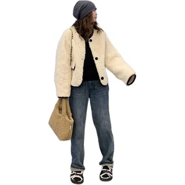 邓大喵 韩版小个子皮毛一体羊羔毛女秋冬加厚宽松棉服外套 女款