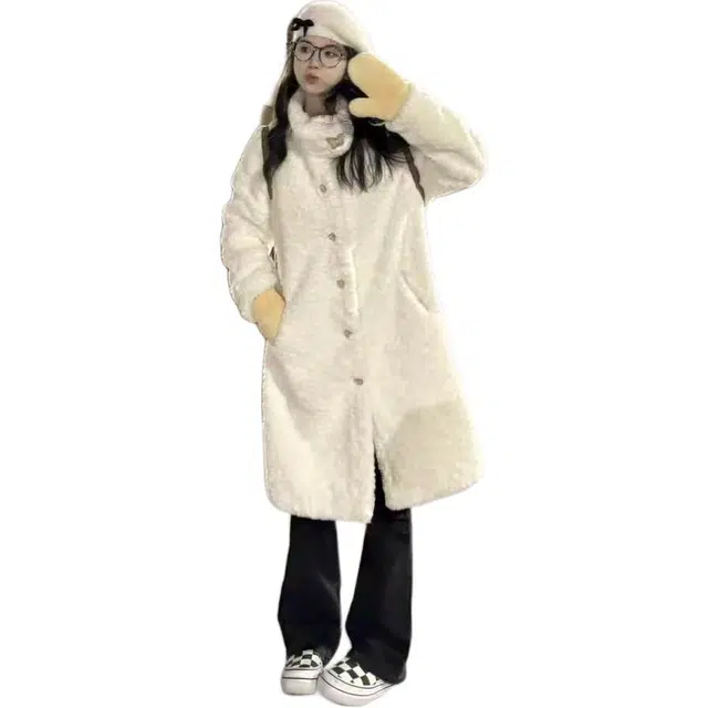 邓大喵 冬韩版环保羊羔毛立领外套女中长款毛毛保暖宽松大衣皮草 女款