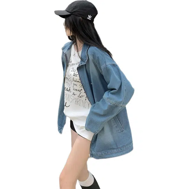 邓大喵 美式复古水洗做旧拉链男女春秋街头宽松休闲小众牛仔外套 女款