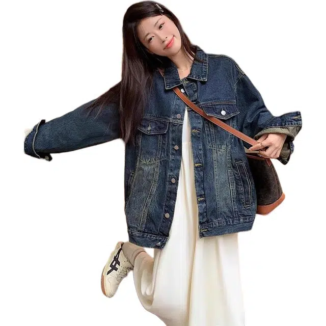 邓大喵 美式水泥灰复古女春秋宽松大码做旧夹克气质长袖上衣牛仔外套 女款
