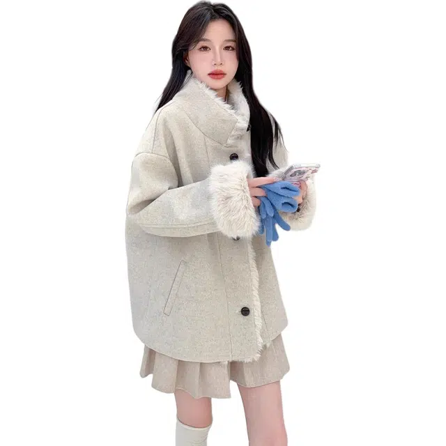 邓大喵 羊羔毛毛呢外套冬季女厚款女秋冬款夹棉洋气呢子大衣 女款