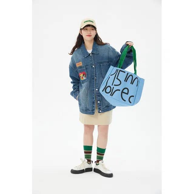 邓大喵 刺绣女春秋韩版宽松设计感水洗做旧春季夹克上衣牛仔外套 女款