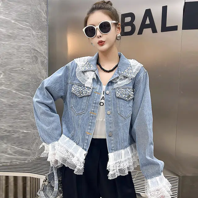 邓大喵 超好看漂亮钉珠女春秋设计感时尚蕾丝边夹克上衣牛仔外套 女款