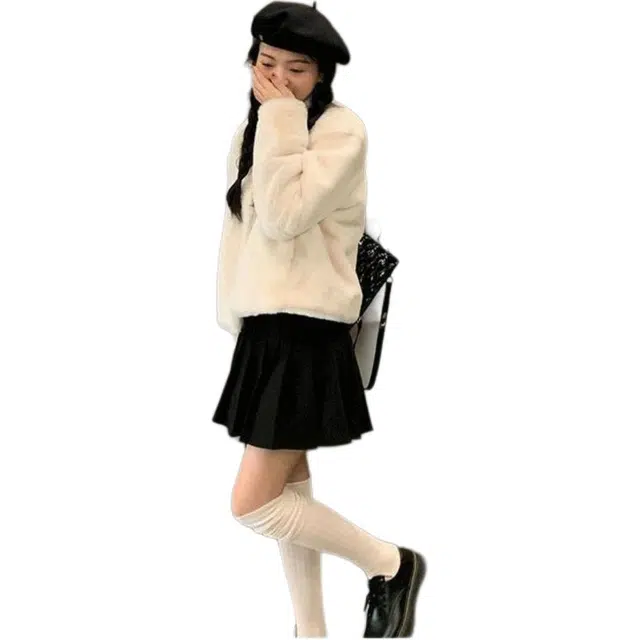 邓大喵 外穿毛毛外套女秋冬年轻短款小个子拼接印花减龄毛绒上衣皮草 女款