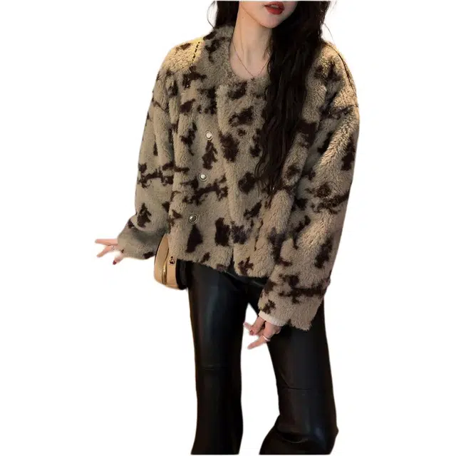 邓大喵 爱迷鹿毛绒绒小香风环保外套女秋冬保暖美拉德穿搭小个子皮草 女款