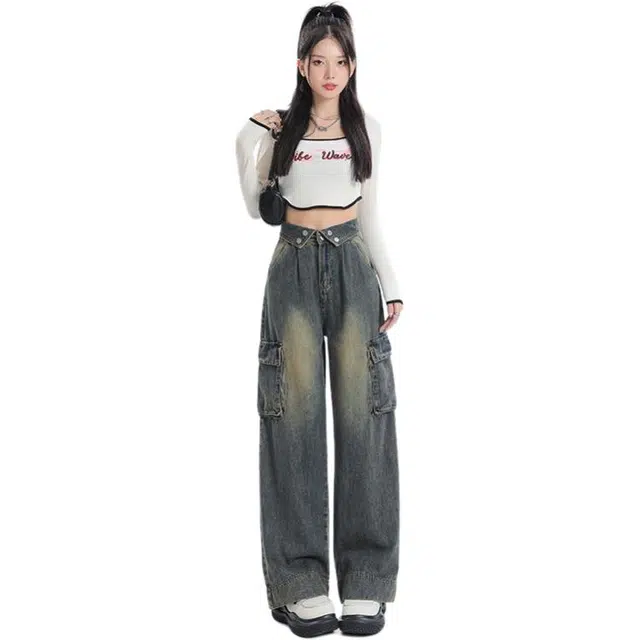 邓大喵 美式翻边直筒女春季美拉德复古工装裤阔腿裤长裤牛仔裤 女款