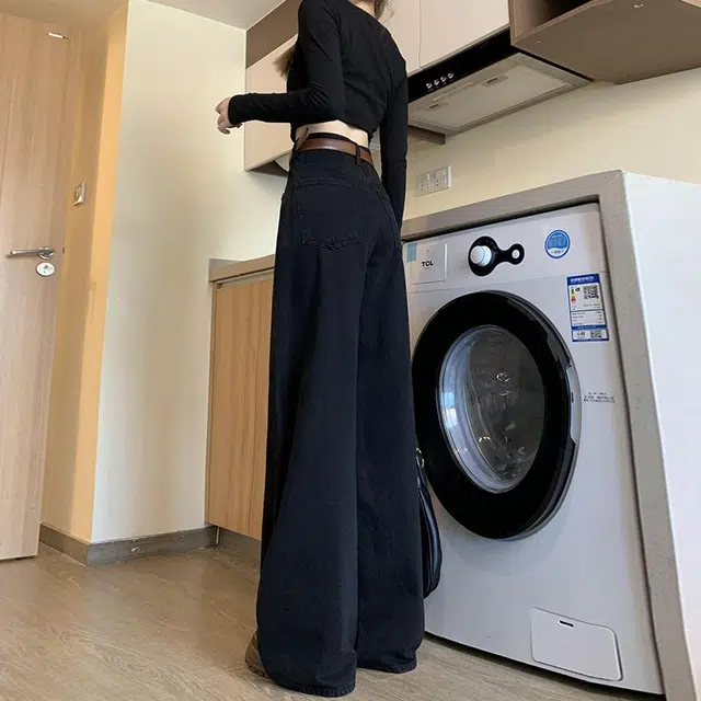 邓大喵 美式高 个子加长阔腿女秋高腰百搭显瘦垂感拖地裤牛仔裤 女款