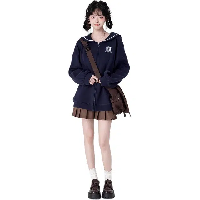 邓大喵 学院风外套女春秋甜美小个子水手领刺绣拉链开衫卫衣 女款