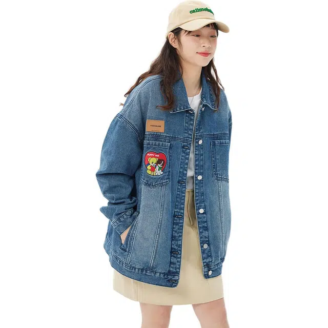 邓大喵 刺绣女春秋韩版宽松设计感水洗做旧春季夹克上衣牛仔外套 女款