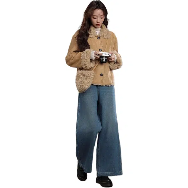 邓大喵 短款冬季皮毛一体麂皮加绒上衣女外套 女款